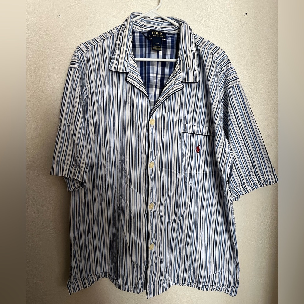 POLO RALPH LAUREN Classic Button Down Striped Pajama Shirt Blue White Men's Sz L